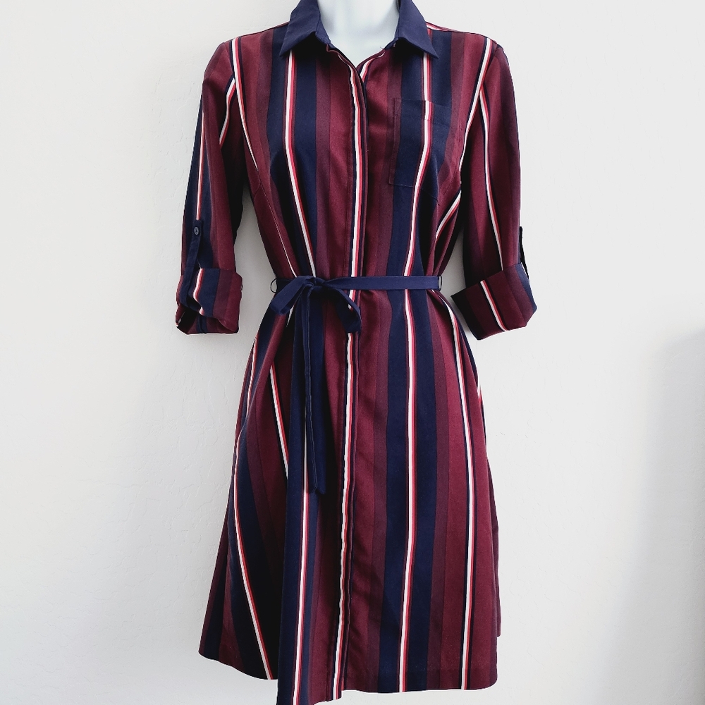 Tommy Hilfiger Red Blue White Stripes Midi Dress with Waist Tie SZ XS